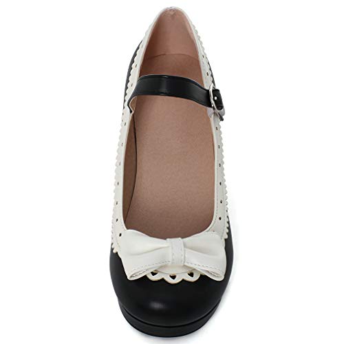 Parisuit Women's Mary Jane Heart Strap Shoes Chunky Mid Heel Platform Sweet Pumps with Bow3