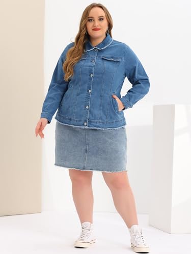 Agnes Orinda Plus Size Denim Jackets for Women Frayed Hem Classic Washed Jean Jacket3