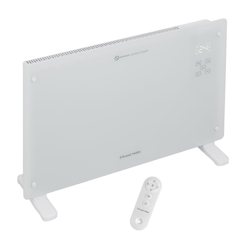 Russell Hobbs Glass Panel Electric Smart Heater WiFi Enabled 2000W with Remote Control in White 3 Heat Modes Touch Contol & LED Display Auto-Adjust Temperature Sensor Wall Mountable RHPANH2006W