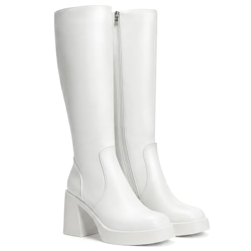 Image of Choiran Knee High Boots for Women - Platform Chunky Square Toe Tall Boots with Block Heeled Side Zipper, Fashion Long Gogo Boots for Spring Fall