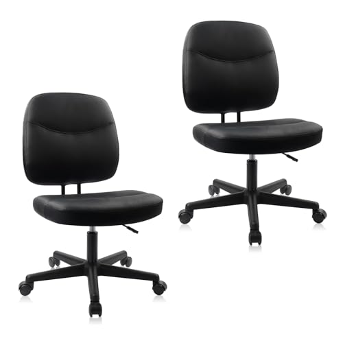 Image of CLATINA Armless Home Office Chair, Small PU Leather Ergonomic Low Back Desk Chair with Lumbar Support and Wheels, Adjustable Height 360 Swivel Rolling Computer Task Chair, Black, 2 Pack