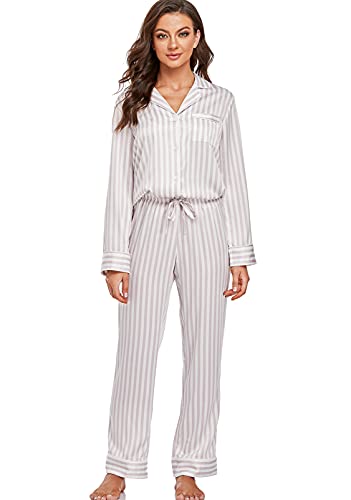 Image of Serenedelicacy Women's Satin Pajama Set Long Sleeve Button Down Sleepwear 2-Piece Silky Pj Set