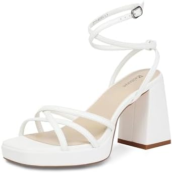 Reitoye Strappy Platform Heels for Women Ankle Strap Chunky Block Heel Square Open Toe Heeled Sandals for Party Wedding Prom Dress