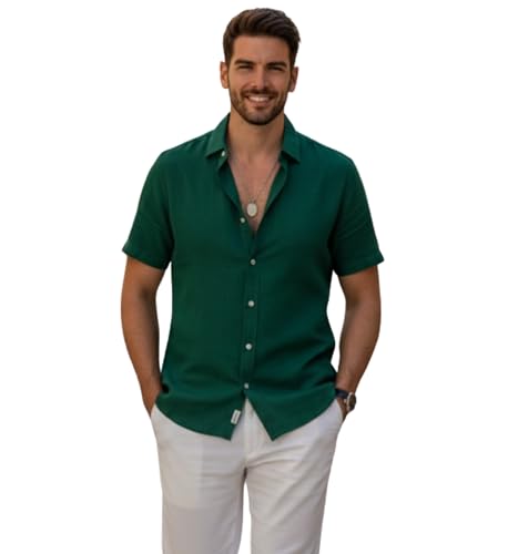 Image of Glowic Men Linen Shirt Casual Regular Fit Solid Stylish Summer Wear Shirt for Office Party Beach Holiday Lightweight Breathable Fashion Shirt