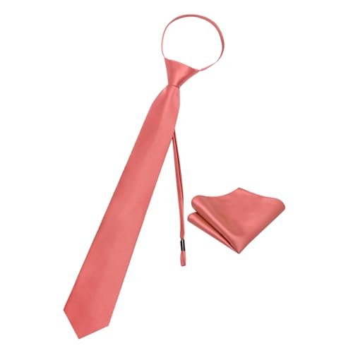 Image of YourTies Zipper Tie for Men Adjustable Pre-tied Satin Neckties and Pocket Square Set Solid Color Business Formal Wedding