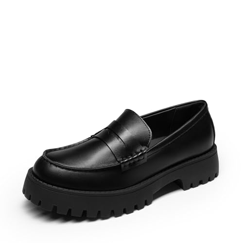 DREAM PAIRS Loafers voor vrouwen Platform Chunky Penny Loafer Lug Sole Comfortabele Slip On Dressy Casual Werk Zakelijke Kantoor Schoenen, Zwart-pu, 8.5
