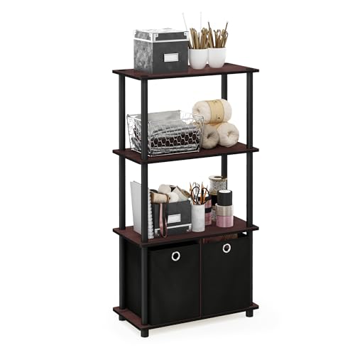 Image of Furinno GO GREEN Storage Shelf Set of 2, 4-Tier Storage Rack with Bins, Book Shelf, Display Rack, with Storage Bins, for Organization and Storage, Living Room, Home Office, Dark Cherry