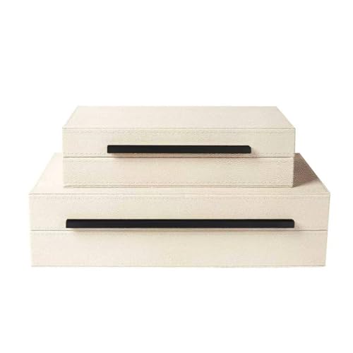 Image of Sagala Set of 2 Beige Shagreen Decorative Boxes With Black Metal Handles, Faux Leather Jewelry Boxes Modern Storage Boxes Photo Boxes Memory Boxes Home Organizer (Beige-Black Handle)