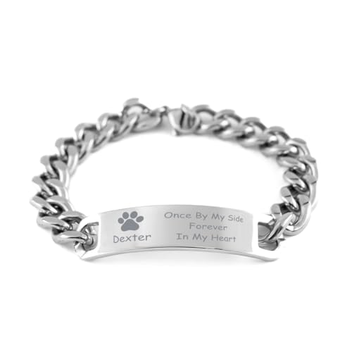 Dexter Once By My Side Forever In Heart Cuban Chain Stainless Steel Bracelet - Loss of Pet Remembrance Dog Cat Paw Pets Lover Memorial Gifts for Men Women, Engraved