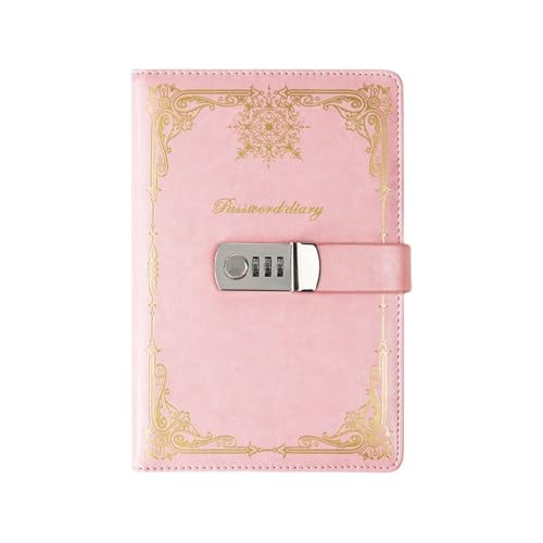 KIEHUA パスワードノート A5 PUレザーロック付きダイアリー、3桁のセキュリティ保護、80g 森林道紙、100枚、シール糊、プライバシー保護ノート、ギフト (ピンク)