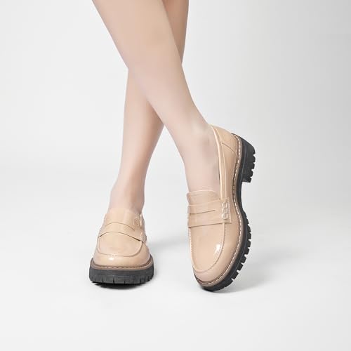 Image of Womens Loafers Comfortable Platform Penny Loafer Chunky Heel Business Casual Dress Shoes Fashion Patent Leather Women's Loafers & Slip-ons