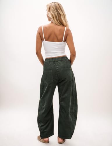 Womens Vintage Corduroy Mid-Rise Barrel Pants Elastic Waist Wide Leg Baggy Pants Trendy Casual Trouser3