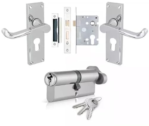 Victorian Style Euro Lock Pack with Scroll Lever Handles, Polished Chrome Door Hardware Set, Complete 35T/35 (70mm) Cylinder Lock, 3" Euro Sash Lock and Handle Kit, for Internal Doors