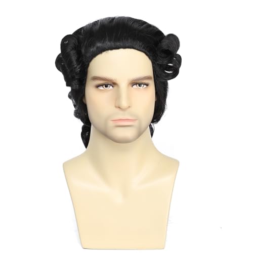 Image of Men's 18th Century Colonial Wig, Short Curly Judge Wig with Ponytail, Historical Costume Wig for Hamilton, Halloween, Theater and Cosplay (Black)