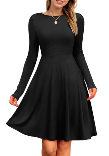 PLOKNRD Damen Strickkleid Herbst Langarm Kleider Elegant A-Linie Rundhalsausschnitt Freizeitkleid Winterkleid (Schwarz,M)