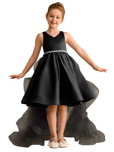Girls Pageant Tulle Train Beaded Ball Gowns for Teens Satin Sleeveless Flower Girl Dress