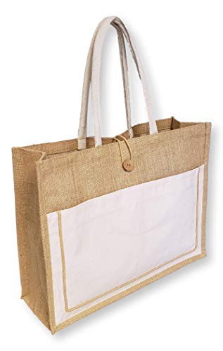 Vintage Style Jute with Cotton Pocket Reusable Large Tote Grocery Shopping Bag - Custom Personalization Available (Natural - No Embroidery)