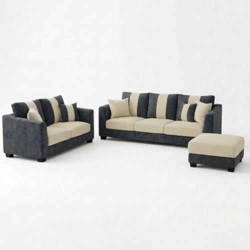 Image of Revo Plush Comfort Sofa Set | 3 Seater + 2 Seater with Ottoman | Luxury Velvet Suede Fabric | Modern Living Room Sofa | Dark Gray - Cream