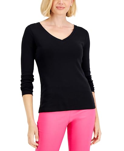 Charter Club Damask Petite V-Neck Top Deep Black...
