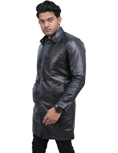 Image of Apurbo 100% Lambskin /cowskin Black leather coat men Trench Car Coat Mens With a Polyester Lining and Jecket Filling Warmth