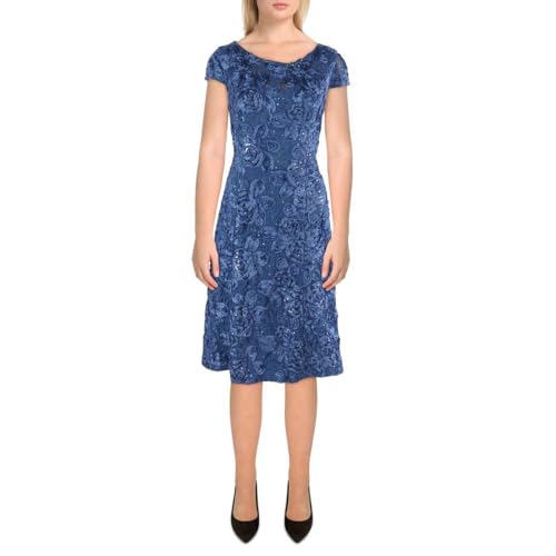 Image of Alex Evenings Women's Tea Length Mother of The Bride Dress with Rosette Lace Detail (Petite and Regular Sizes)