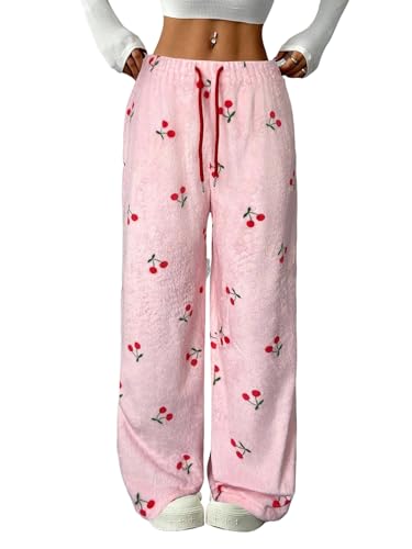 Image of ZAFUL Women's Fuzzy Plush Pajama Pants Wide Leg Pj Bottoms Lounge Pants