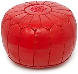 Moroccan Leather Pouf Footstool with Embroidery [STUFFED] Marrakech Red [SHIPS FROM WITHIN USA]