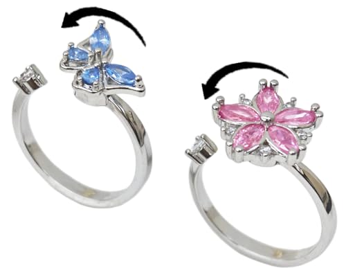 Anti-Anxiety Fidget Spinner Rings, 2PCS Gold or White-Gold Plated Copper CZ Couple Matching Promise Rings, Butterfly and Cherry Blossom Flows Shapes, Adjustable Opening