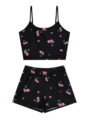 Image of Hilinker Women's 2 Piece Fruit Pajama Set Ribbed Cami Top and Shorts Sleepwear Cute Pjs Black Pink Cherry X-Large