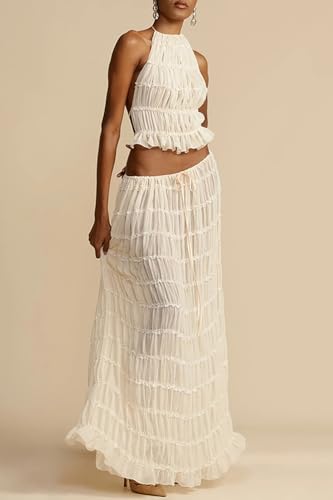 Womens Two Piece Skirt Set Lace Up Sleeveless Tank Top and Flowy Pleated Long Skirt Summer Chiffon Maxi Skirt Beach Set4