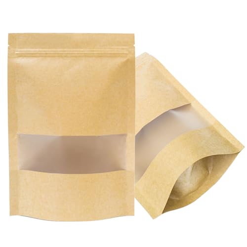 100 Pcs Kraft-Paper-Bags with Window, Small 3.9 * 5.9 inch Stand Up Zipper Pastry Bags, Zip Lock Food Storage Bag for Packaging Products, Reusable, Sealable