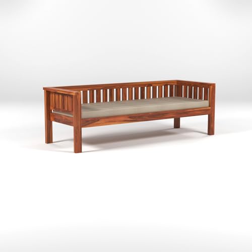 Image of Solid Wood Sheesham 3 Seater Low Height Sofa | Three Seater Sofa for Living Room, Home, Office Furniture with Beige Cushion - Honey Finish