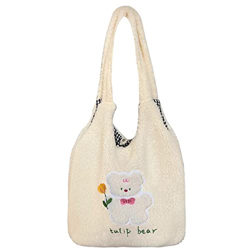 MEGAUK Women Faux Fur Tote Bag Girls Cute Bear Fluffy Shoulder Bag Plush Bag For Shopping Dating, White Lamb Velvet Tulip Bear