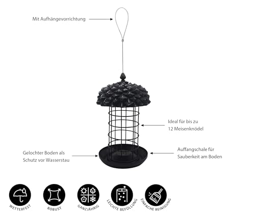 Dehner Natura Premium Futtersäule Louise, Meisenknödelsäule für 12 Meisenknödel, Futterstation für Wildvögel wetterfest/hängend, ca. 30 x 18 x 18 cm, Metall, dunkelgrau