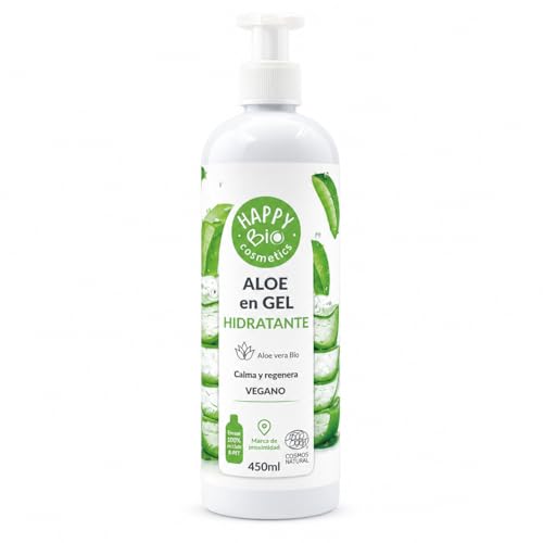 Happy Bio Aloe Vera Gel Hidratante 450ml – 99% Ingredientes Naturales, Calma y Regenera, Apto para Toda la Familia y Todo Tipo de Pieles, Uso Facial y Corporal
