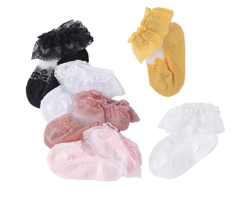 CHUNG Baby Toddler Girls Princess Cotton Frilly Socks Lace Ruffle Pack of 4/5/6 Thin Mesh Summer for Dress (3-12M, Crystal 6 pairs) - Thumbnail 2