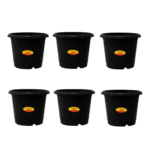 Image of Synergy Plast Plastic Round Shape Flower Pots 6 Pcs, 10 Inch Heavy Duty Plant Containers /Planter /Gamla /Plant Pot for Gardening, Balcony, Terrace, Home Decor Indoor & Outdoor Planting (Black)