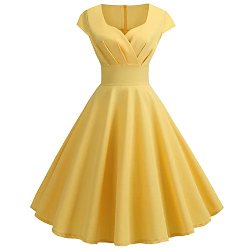 VEMOW Vestido Vintage para Mujeres de Fiesta Mangas Corta Cuello V de Fiesta Cóctel, 1950s Mujer Vestido Corto Elegante Encaje Vestidos Retro Cuello Halter de Fiesta Cóctel A Línea(K Amarillo,S)