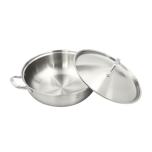 Charocean Wok Pan Stainless Steel Frying Pan with Lid, Deep Stir Fry Pan with Induction Base, Kadai Wok, Cooking Pan for Shallow & Deep Frying, 500°F, 5 Layer Composite Steel (26 CM)