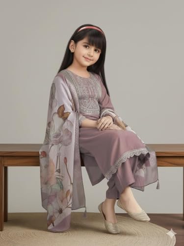 Image of Girls Ethnic Embroidered Silk Kurta Pant and Jacquard Dupatta Set | Kids Salwar Suit | three piece Traditional Outfit
