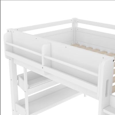 Image of Twin Loft Bed with Multi-Storage Bookcases, Boxes and Drawers, Solid Wood Low Loft Beds with Desk and Blackboard, No Box Spring Needed (White-01)