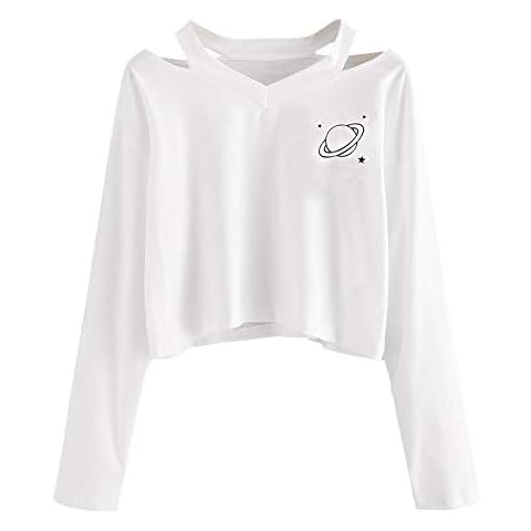 Women's Crop Top Long Sleeve Off Shoulder Sweatshirt Print T-Shirt Autumn Summer Blouse Tops Women Tops Casual Jumper Planet Pattern Casual Crop Top - White - S Cover