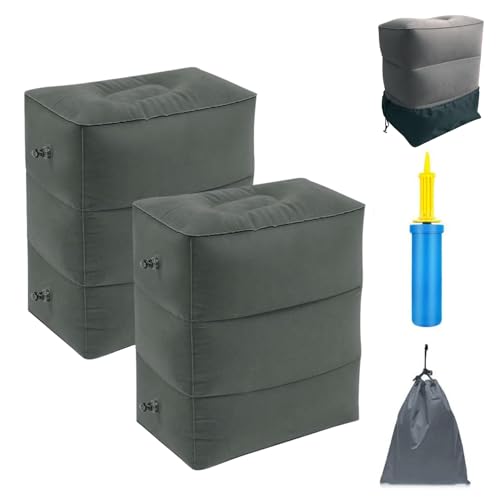 Image of Inflatable Travel Foot Rest Pillow - 3-Layer Adjustable Height Leg Rest for Airplane, Car, Office & Toddler Flight Seat Extender - Soft Flocked PVC, Portable with Pump & Dust Bag (Pack of 2, Dark Grey)