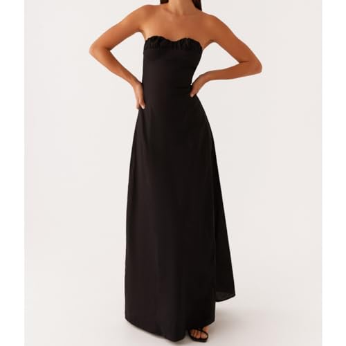 Image of Women Tube Top Maxi Dress 2025 Elegant Sleeveless Strapless Ruched Flowy Summer Long Wedding Party Cocktail Dresses