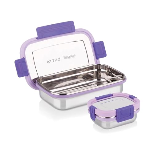 Image of ATTRO Sparkle Big Stainless Steel Lunch Box 2-Piece Set - 900ml + 200ml - Leak-Proof, BPA-Free, Compact & Durable - Ideal for Kids, Office, Travel - Purple