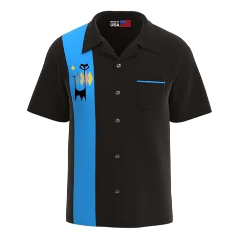 BeRetro Retro Atomic Cat Bowing Shirt - Mid-Century Short-Sleeve Camp Shirt Cover