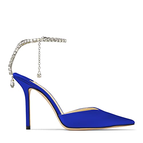 Image of LauraVicci Women's Heeled Sandals Crystal Chain Ankle Straps Rhinestones Buckle High Heels Stiletto Slip On Wedding Party Satin Dress Shoes