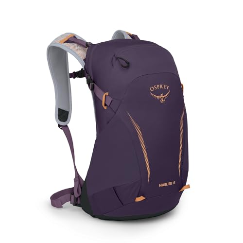 Image of Osprey Hikelite 18L Lightweight Hiking Backpack - Durable Travel Daypack with Rain Cover for Men and Women, Purple Ink /Purple Dusk /Cheddar Orange