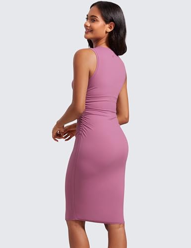 Image of CRZ YOGA Butterluxe Ruched Midi Casual Dress | Removable Pads, Extremely Soft, Bodycon, Crewneck, Party, Sleeveless, Pencil, Outfits for Women