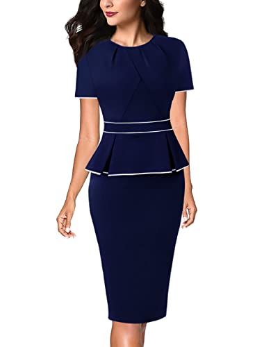 Image of VFSHOW Womens Pleated Crew Neck Peplum Work Business Office Church Bodycon Pencil Sheath Dress